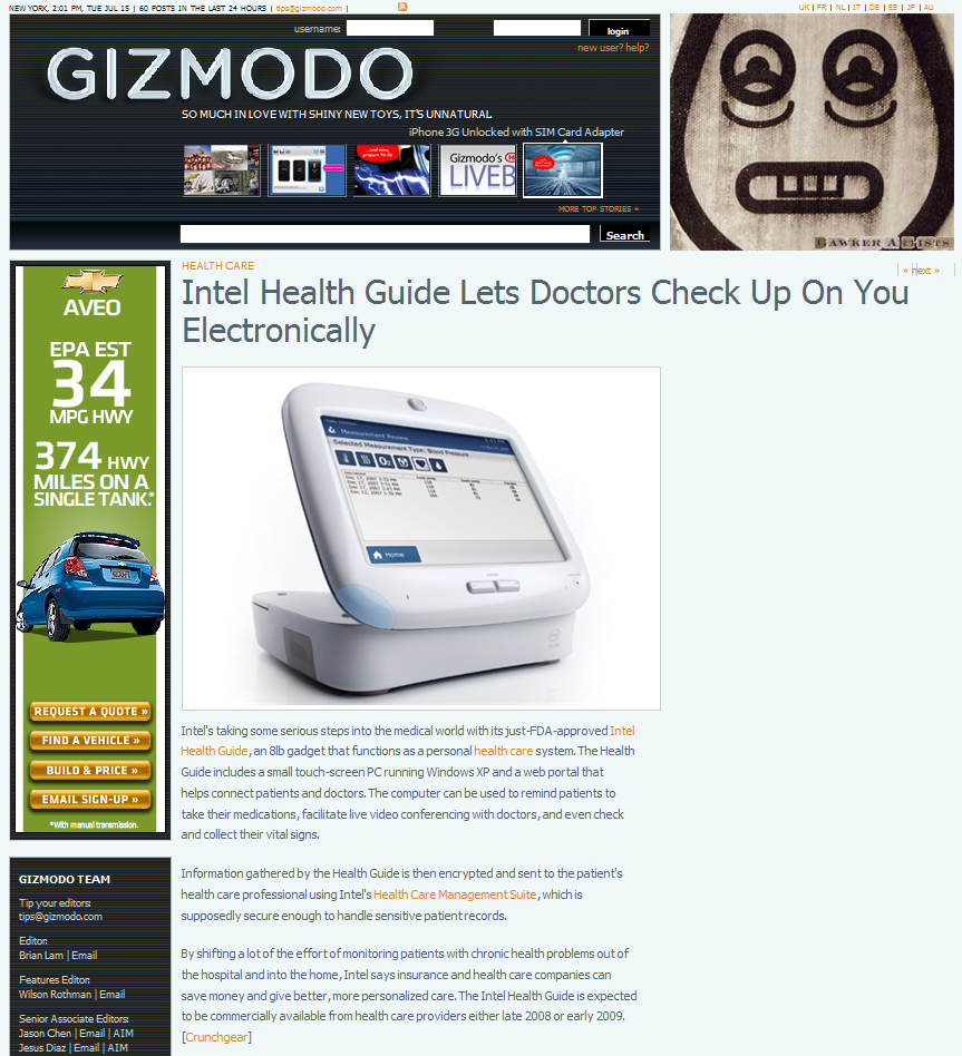 gizmodo page screen shot of press coverage for intel health guide